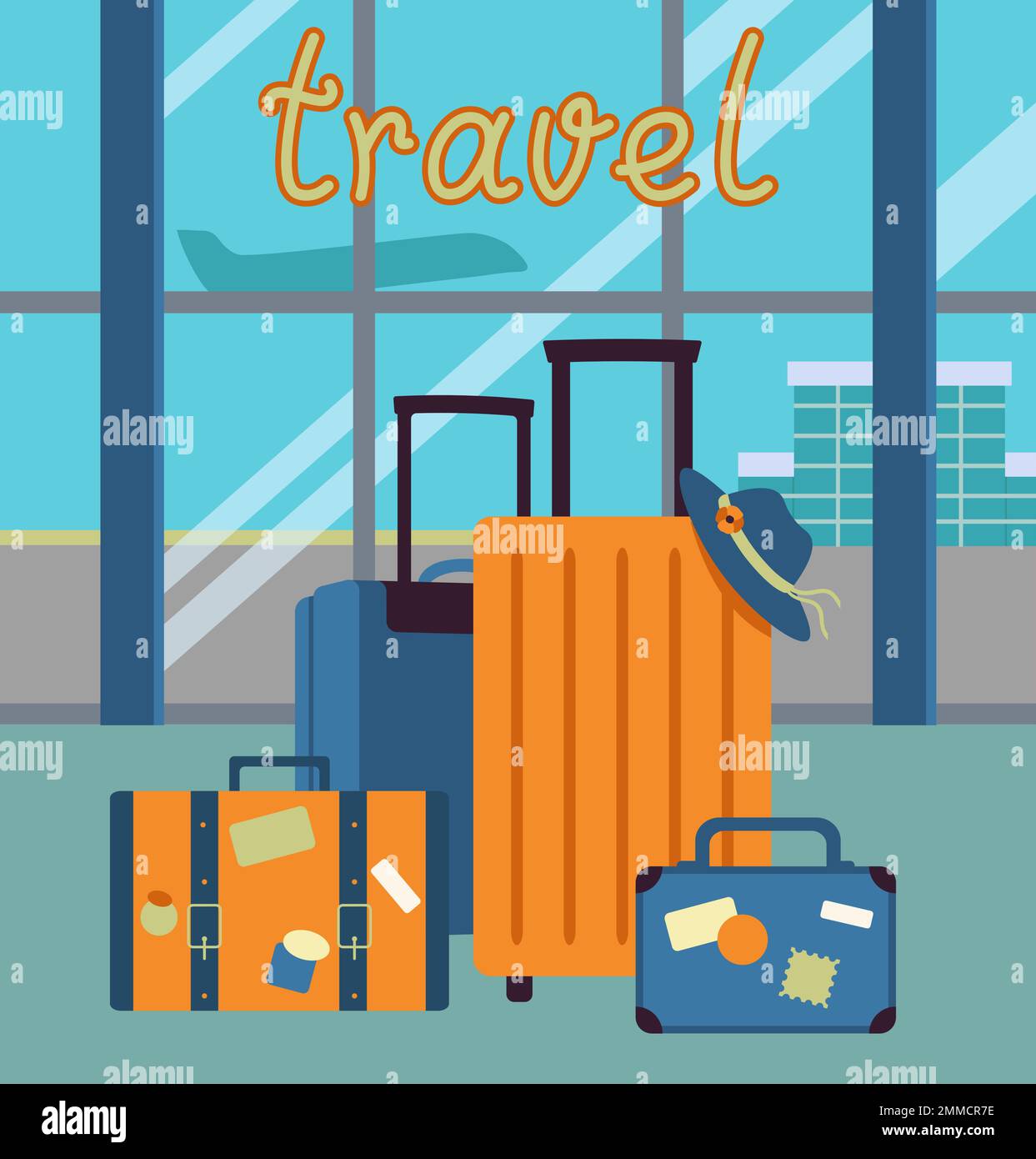 Banner With Suitcases In The Airport Concept For Travel, Flight Vector