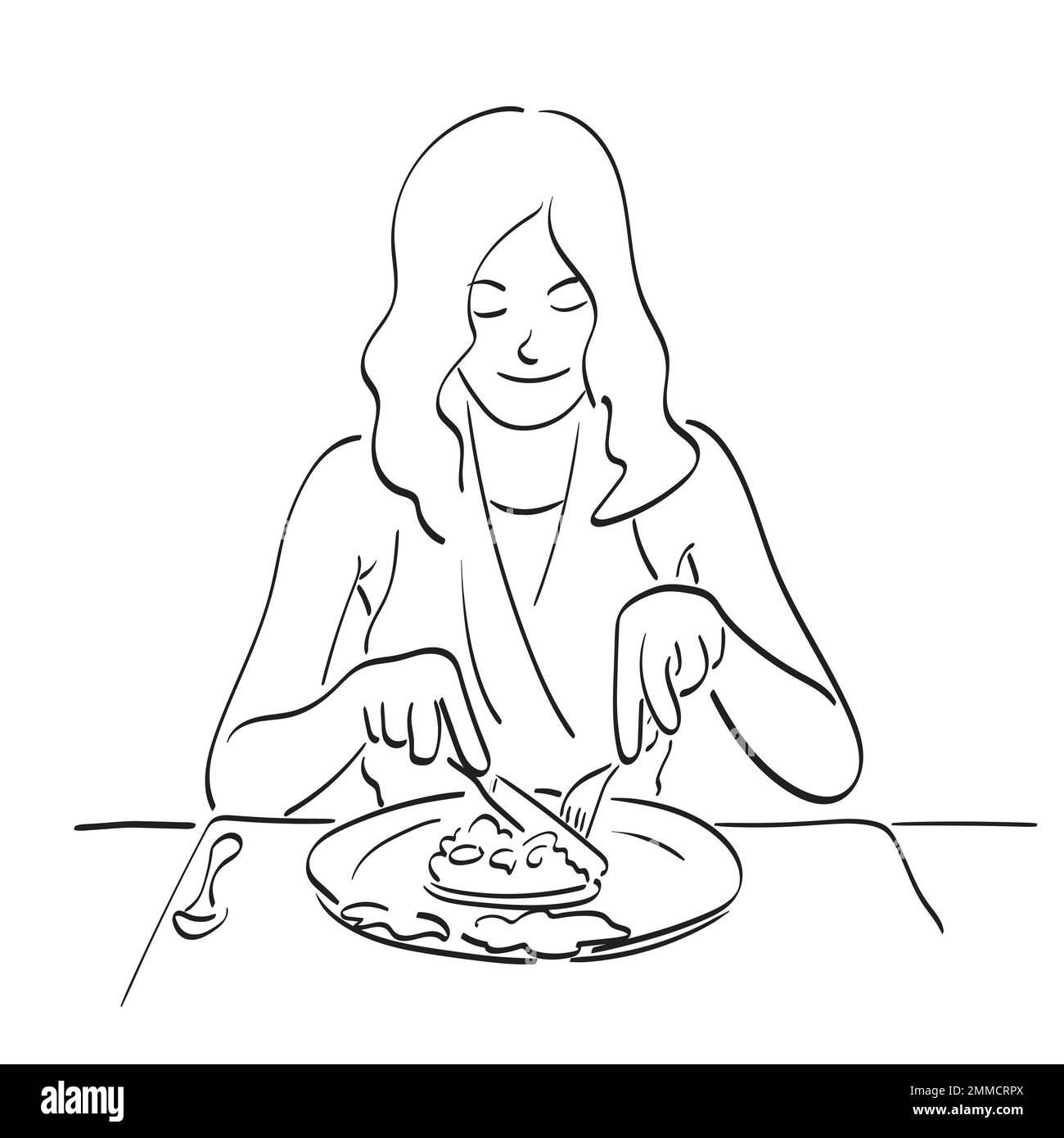 half length of woman eating food with fork and knife illustration