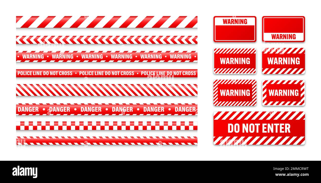 Various barricade construction tapes and warning shields. Red police