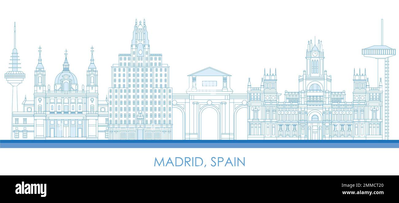 Outline Skyline panorama of city of Madrid, Spain - vector illustration Stock Vector
