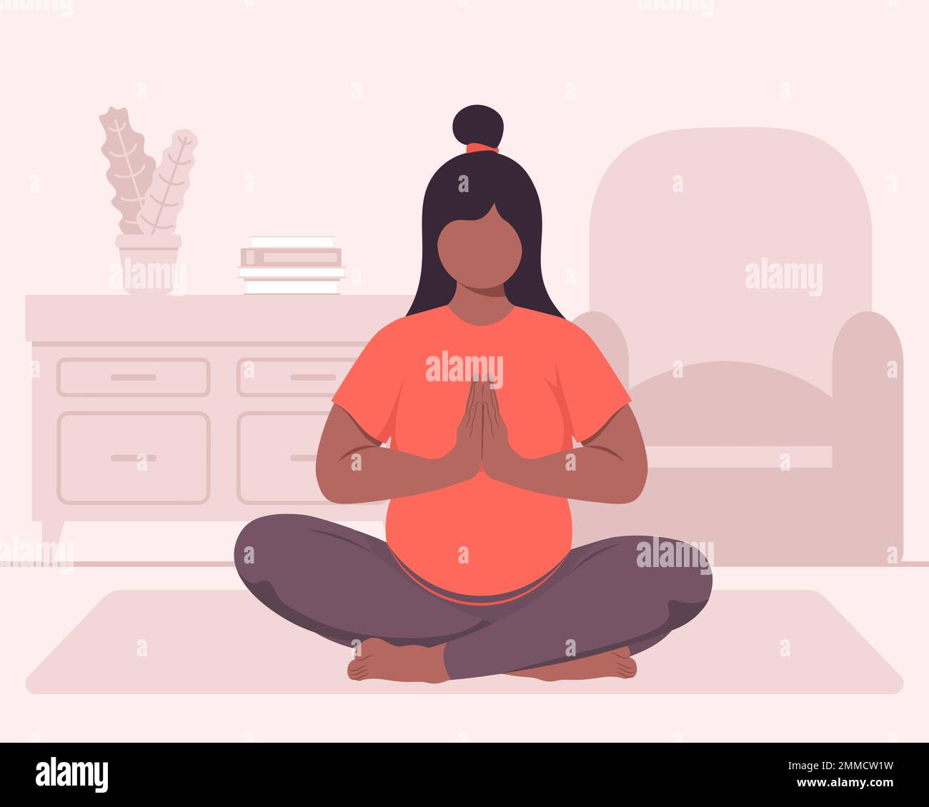 Black Skin Pregnant Woman Doing Lotus Pose Yoga At Home Vector ...