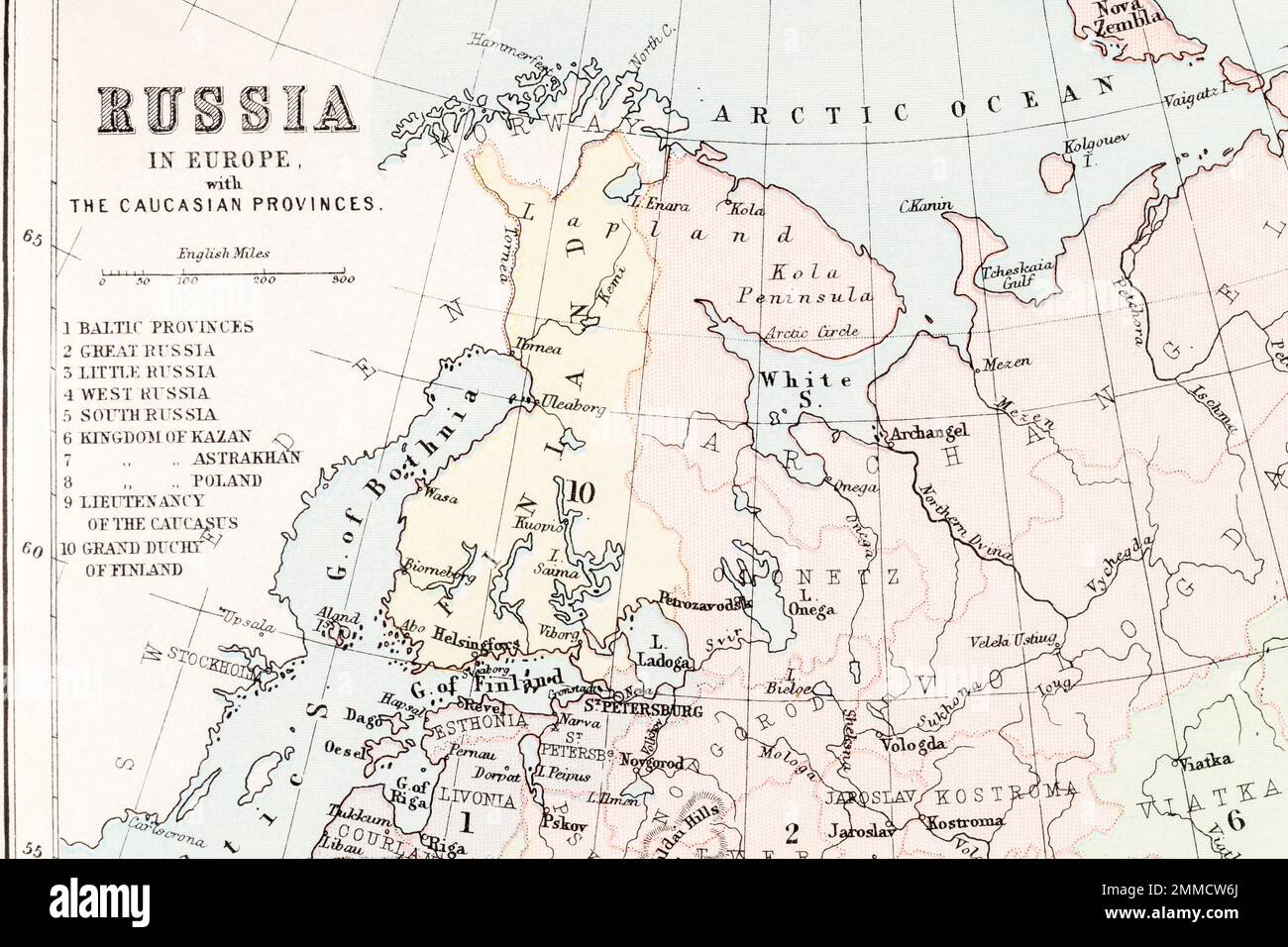 1893 Atlas map of Finland and surrounding Baltic states. For Finland territory changes, Finland borders, Russia-Finland relations & hostility. Stock Photo