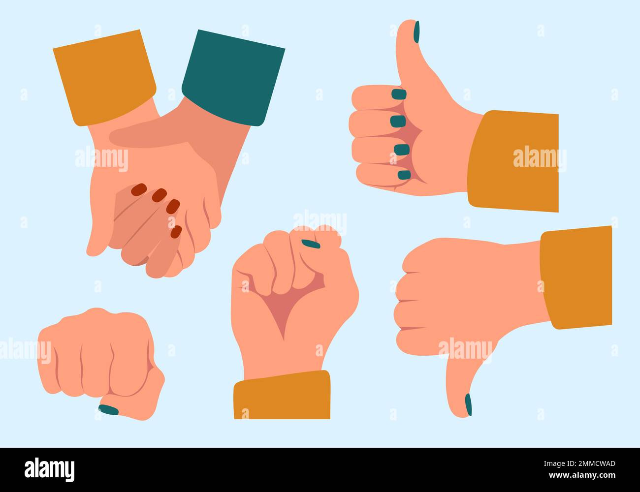 Set Of Hands In Different Positions. Thumb, Fist, Handshake Vector Illustration In Flat Style Stock Vector