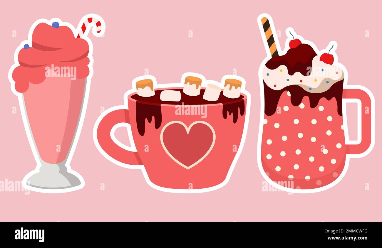 Collection Of Hot Drinks With Marshmallow And Cream Pink Vector