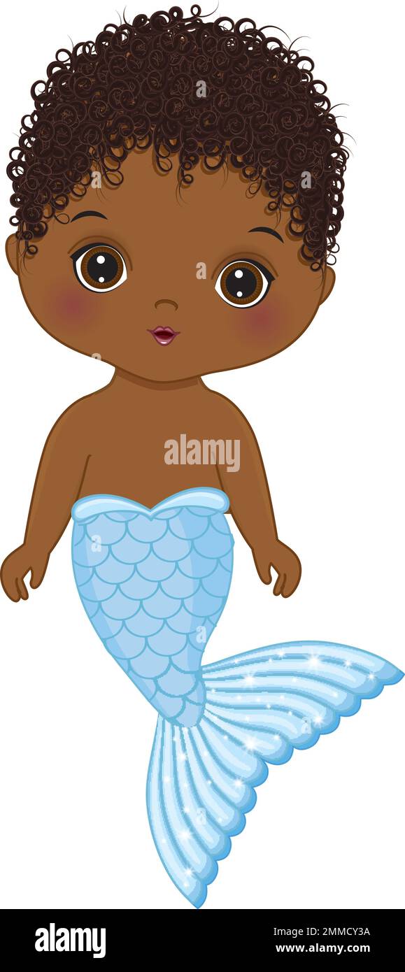 Cute Illustration of African American Mermaid Baby Boy. Vector Black