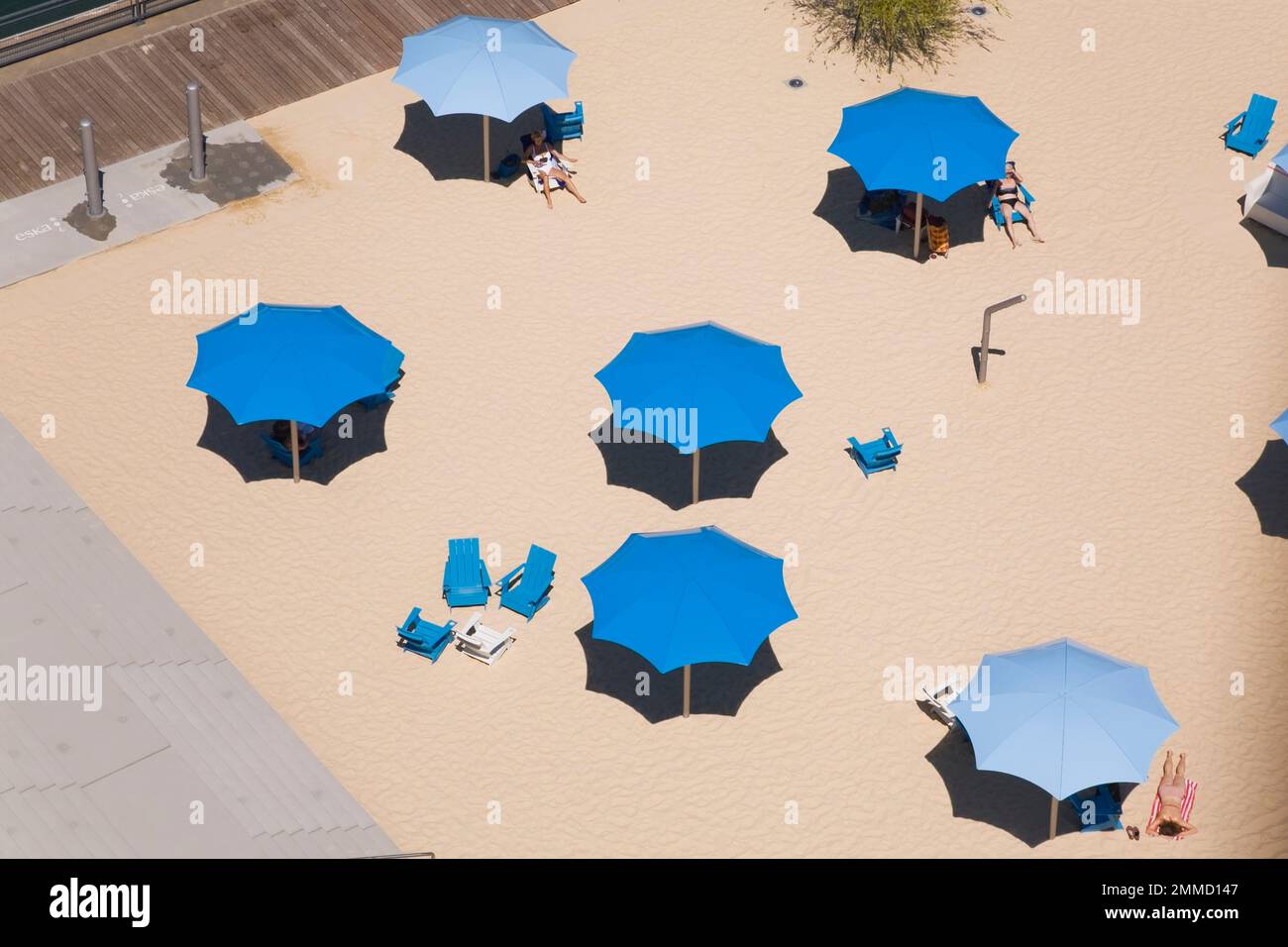 High angle view of the Clock tower beach facing the marina in the Old Port of Montreal in summer, Quebec, Canada. Stock Photo