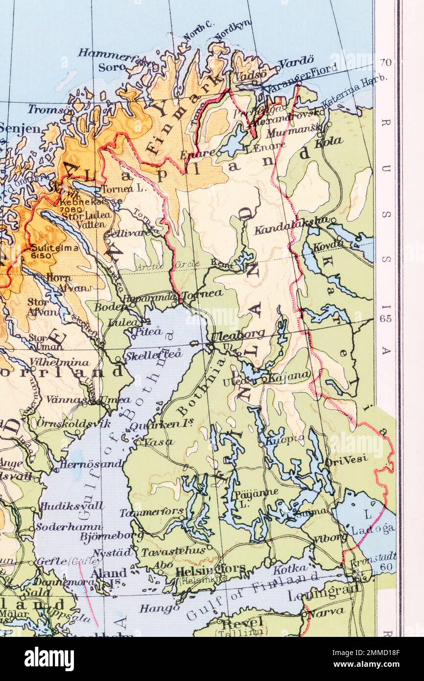 1930 map of Finland from Philips' Modern School Atlas of Comparative Geography. For Finland territory changes, Finland borders, Russia hostility. Stock Photo