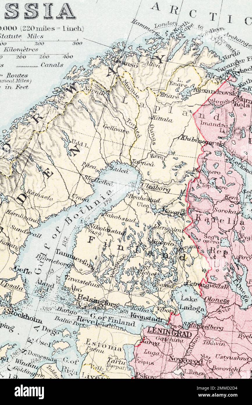 c. 1935 Atlas map of Finland and surrounding Baltic states. For Finland territory changes, Finland borders, Russia-Finland relations & hostility. Stock Photo