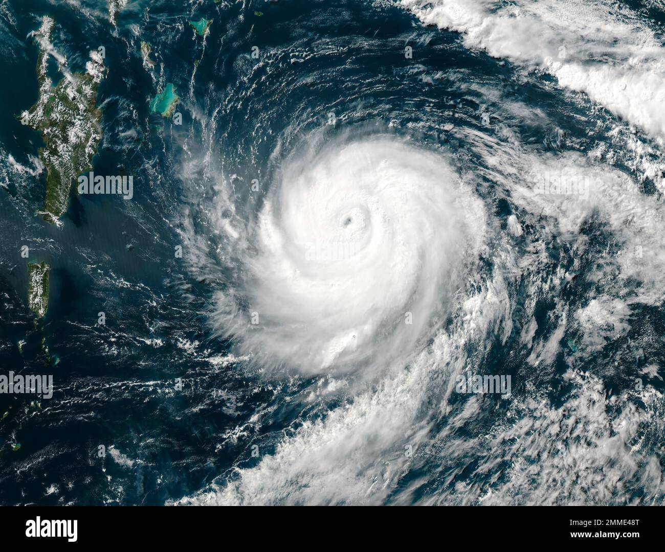Hurricane from space, satellite view. Hurricane catastrophe. Elements of this image furnished by NASA. Selective focus. Noise and grain included Stock Photo