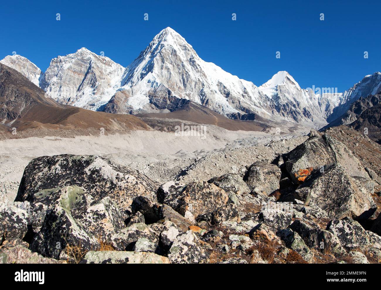 View of Mount Pumo Ri, Khumbu glacier and Kala Patthar, way to Mt Everest base camp, Nepal Himalayas mountains Stock Photo