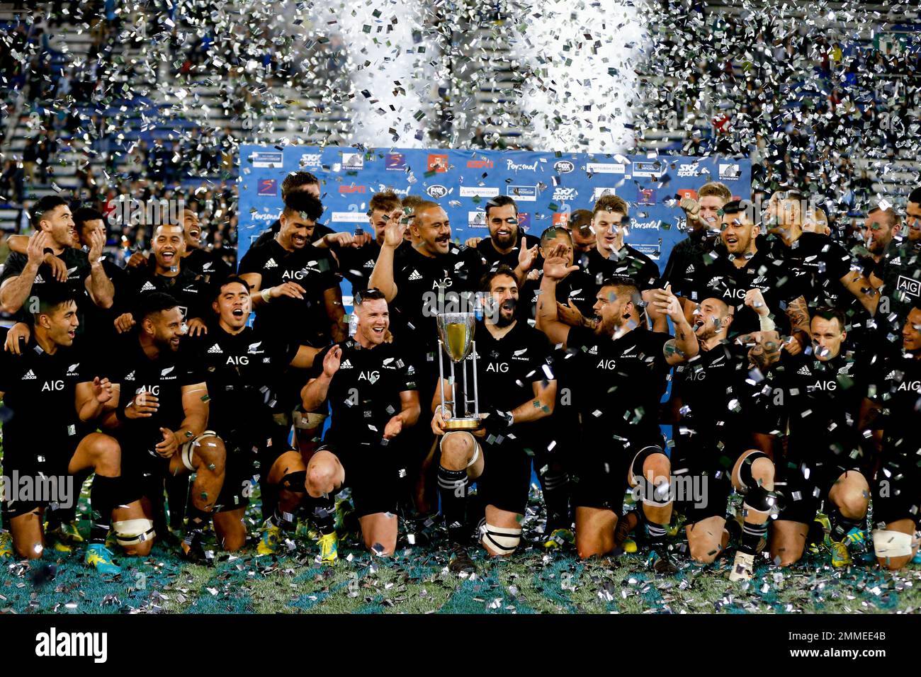 New Zealand's All Blacks players celebrate after winning the rugby  Championship following the match against Argentina's Los Pumas, in Buenos  Aires, Argentina, Saturday, Sept. 29, 2018. (AP Photo/Natacha Pisarenko  Stock Photo - Alamy