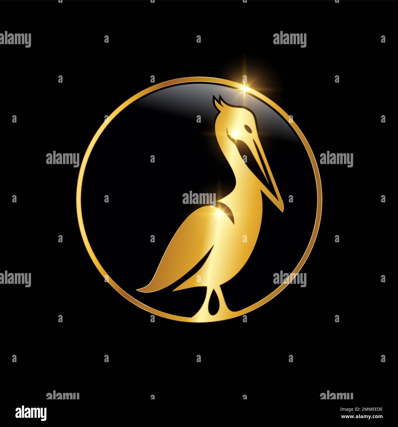 A vector Illustration of Golden Pelican Bird Logo Sign in black background with gold shine effect Stock Vector