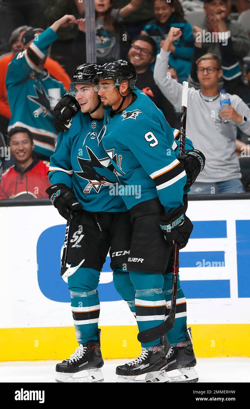 San Jose Sharks right wing Timo Meier (28) and left wing Evander Kane (9)  fight with Golden Kni …