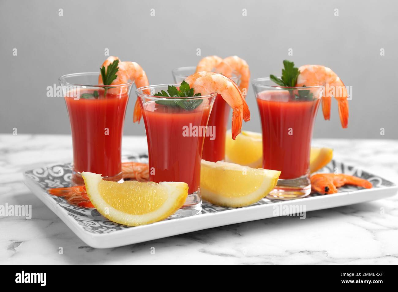 Shrimp cocktail with tomato sauce served on marble table Stock Photo