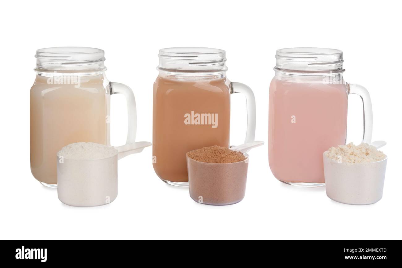 Protein shakes and different types of powder isolated on white Stock