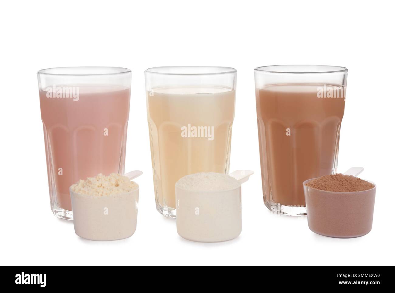 Protein shakes and different types of powder isolated on white Stock