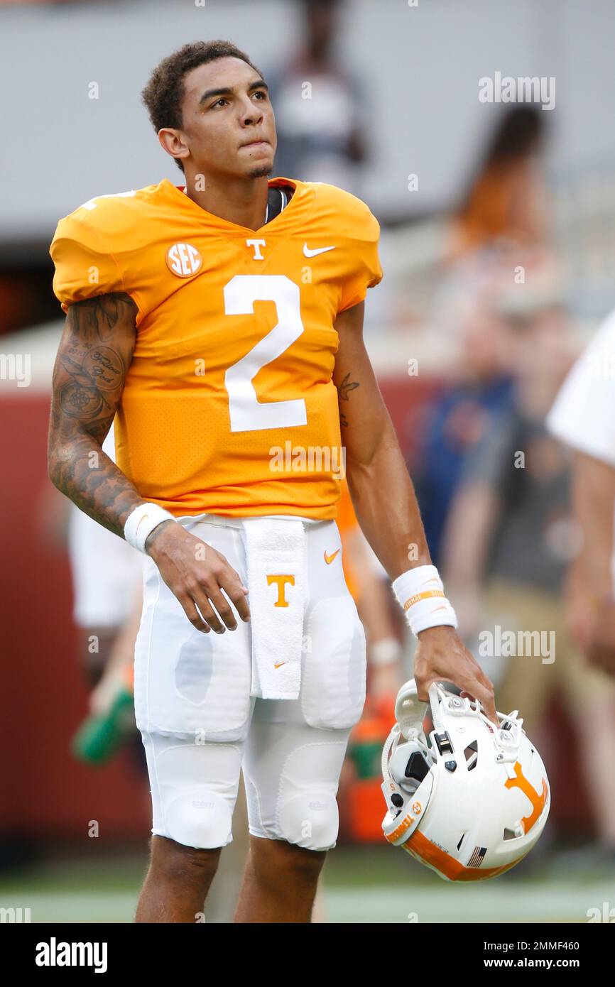 Tennessee quarterback Jarrett Guarantano (2) is seen during warmups
