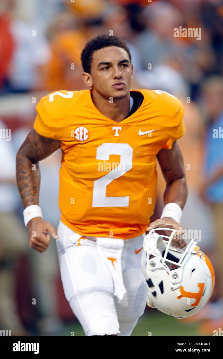 Tennessee quarterback Jarrett Guarantano (2) leaves the field after having his helmet knocked off in the first half of an NCAA college football game against Florida Saturday, Sept. 22, 2018, in Knoxville, Tennessee quarterback Jarrett Guarantano (2) leaves the field after having his helmet knocked off in the first half of an NCAA college football game against Florida Saturday, Sept. 22, 2018, in Knoxville,