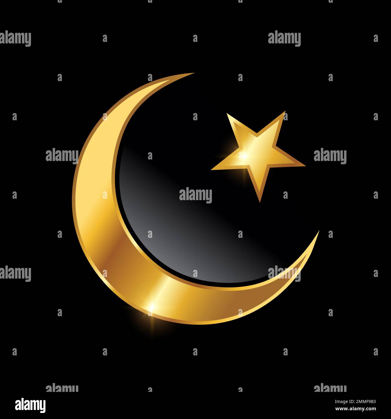 Golden Luxury Crescent Star Logo Sign vector Illustration in black background with gold shine effect Stock Vector