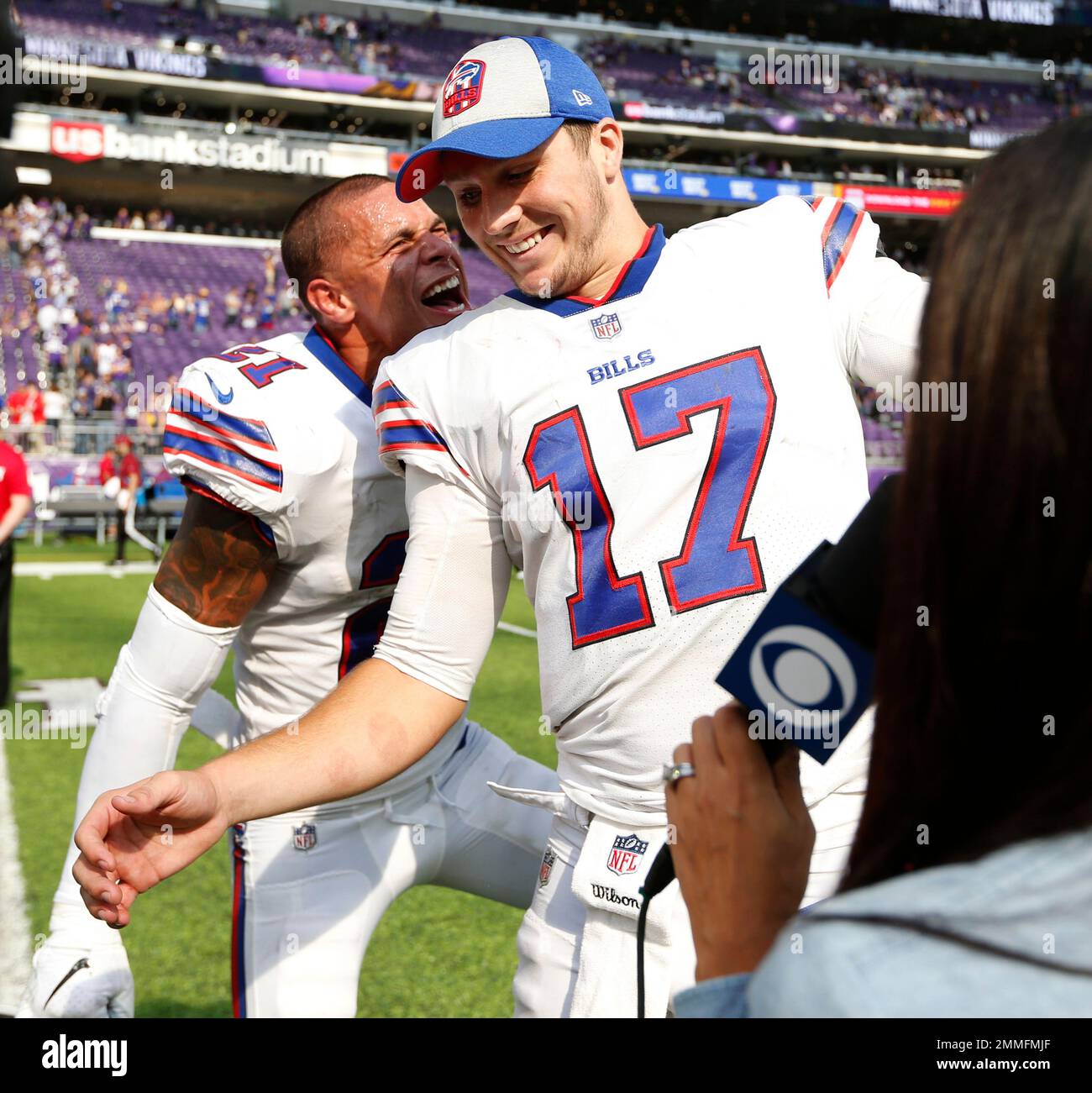 Buffalo Bills Quarterback Josh Allen 17 Laughs With Teammate Jordan