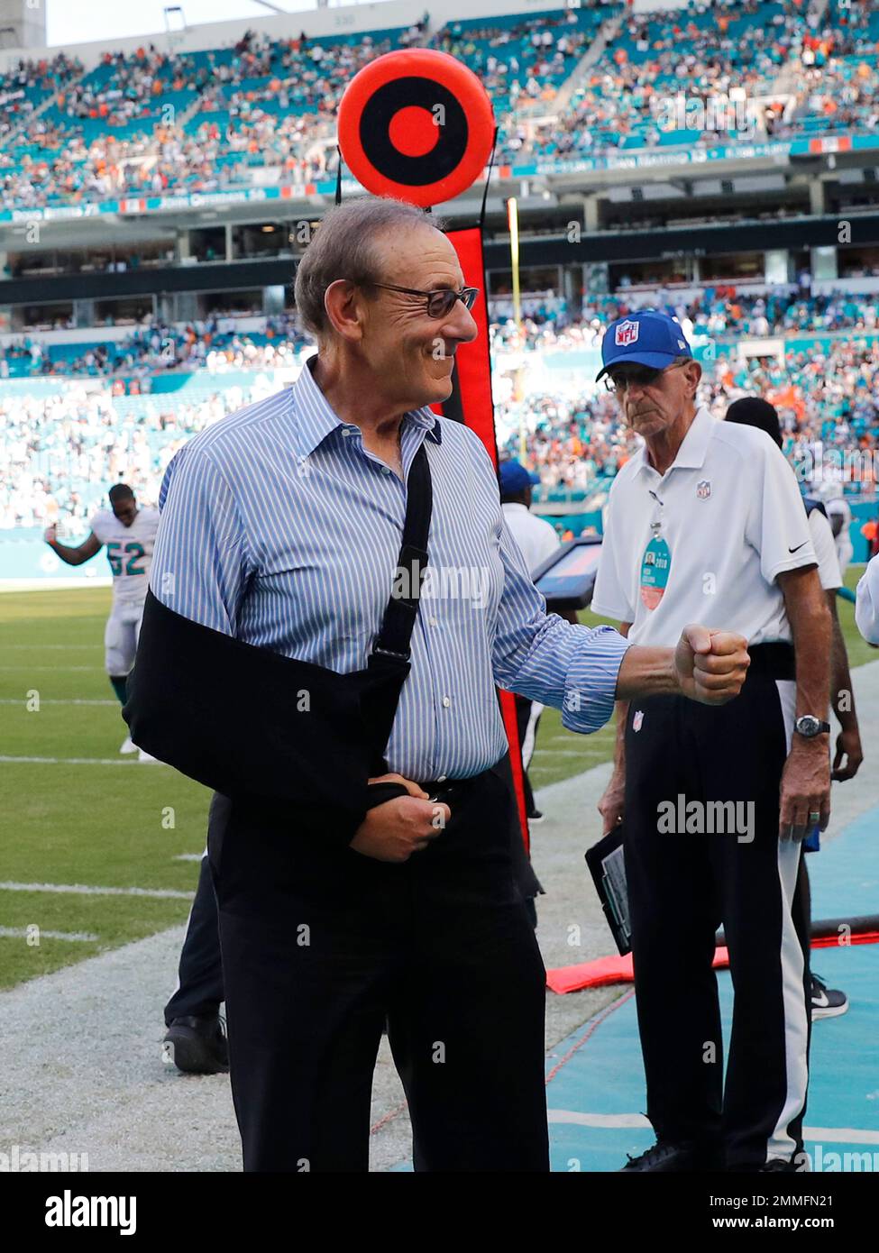 Miami Dolphins chairman of the board and managing general partner, Stephen  Ross, celebrates after the Dolphins defeated the Oakland Raiders in an NFL  football game, Sunday, Sept. 23, 2018 in Miami Gardens,