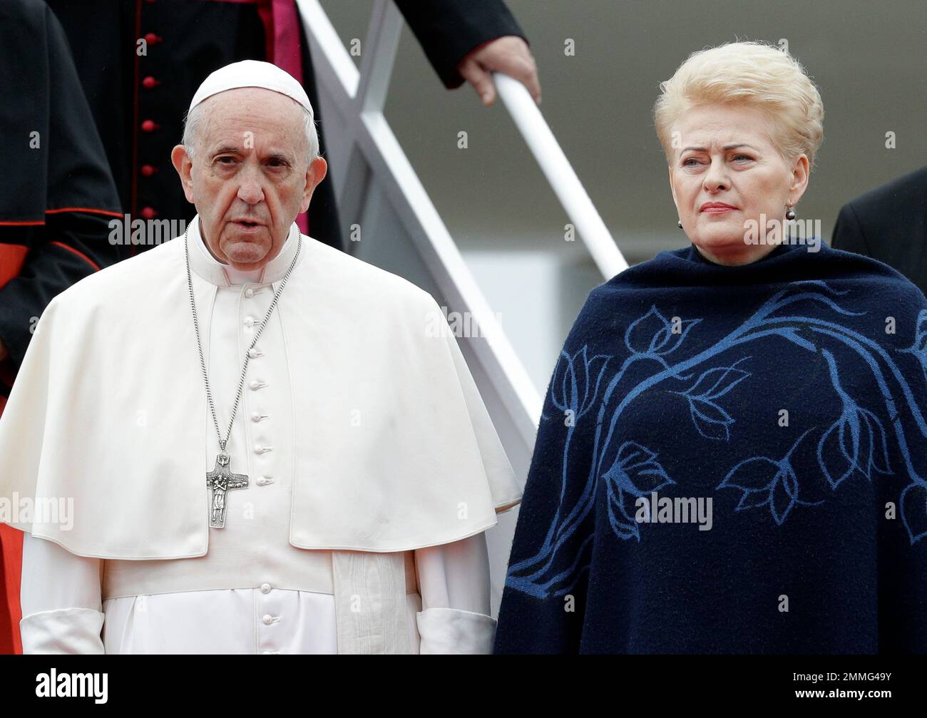 Pope Francis is welcomed by Lithuanian President Dalia Grybauskaite as he  arrives at Vilnius airport, Lithuania, Saturday, Sept. 22, 2018. Pope  Francis begins a four-day visit to the Baltics amid renewed alarm