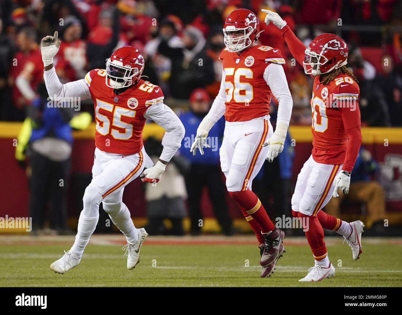 Kansas City, United States. 29th Jan, 2023. Kansas City Chiefs Frank Clark  (55), George Karlaftis (56), and safety Justin Reid celebrate a sack  against the Cincinnati Bengals quarterback Joe Burrow in the