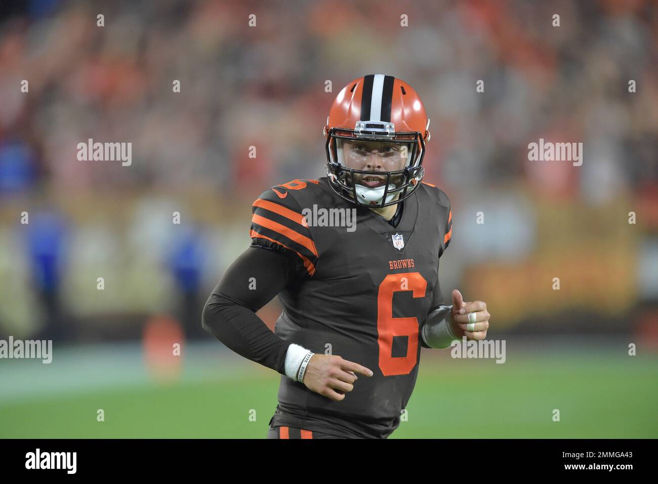 Cleveland Browns quarterback Baker Mayfield reacts during an NFL football  game against the New York Jets, Thursday, Sept. 20, 2018, in Cleveland. The  Browns won 21-17. (AP Photo/David Richard Stock Photo - Alamy