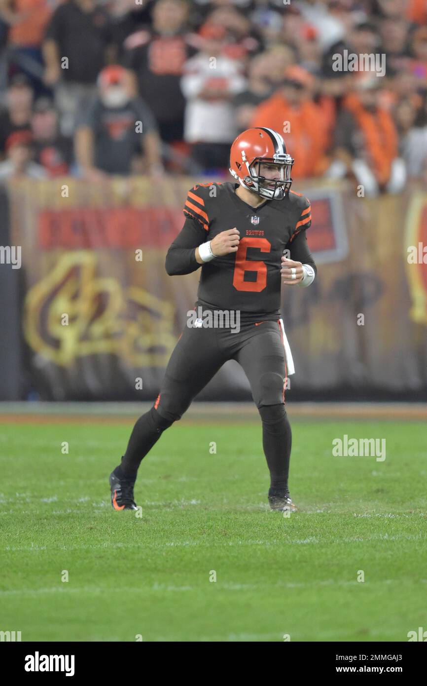 Cleveland Browns quarterback Baker Mayfield reacts during an NFL football  game against the New York Jets, Thursday, Sept. 20, 2018, in Cleveland. The  Browns won 21-17. (AP Photo/David Richard Stock Photo - Alamy