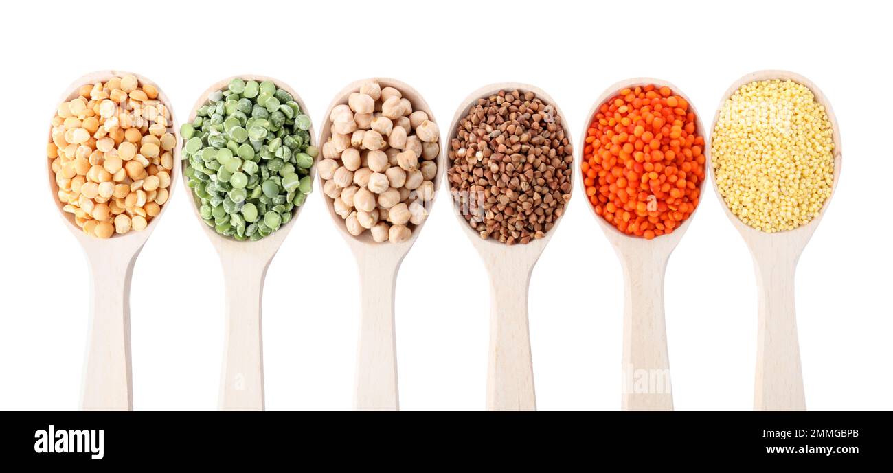 Different types of legumes and cereals on white background, top view. Organic grains Stock Photo