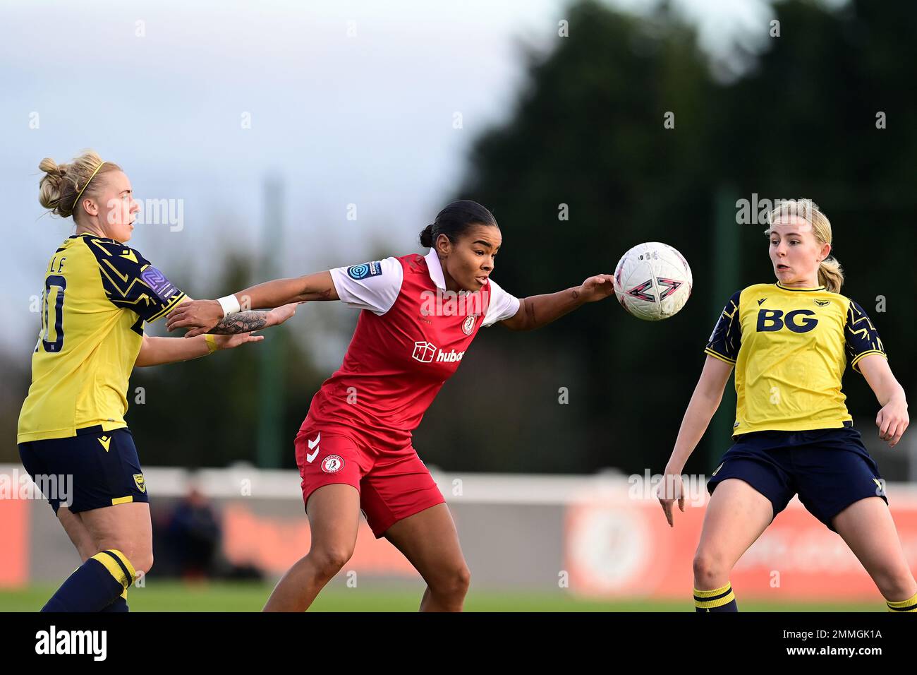 Bristol, UK. 29th January, 2023. Shania Hayles of Bristol City Women battles with Carly Johns of Oxford United W.F.C. - Mandatory by-line: Ashley Crowden  - 29/01/2023 - FOOTBALL - Robins High Performance Centre - Bristol, England - Bristol City Women vs Oxford United Women - The Women's FA Cup - Fourth Round Credit: Ashley Crowden/Alamy Live News Stock Photo