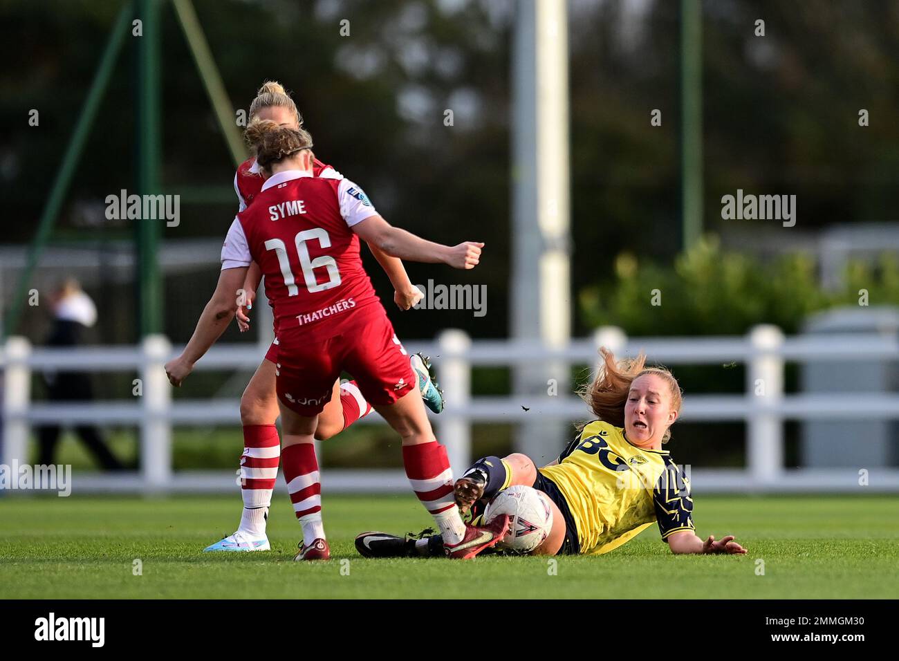 Bristol, UK. 29th January, 2023. Emily Syme of Bristol City Women is fouled by Lacy-Jai Liggett of Oxford United W.F.C. - Mandatory by-line: Ashley Crowden  - 29/01/2023 - FOOTBALL - Robins High Performance Centre - Bristol, England - Bristol City Women vs Oxford United Women - The Women's FA Cup - Fourth Round Credit: Ashley Crowden/Alamy Live News Stock Photo