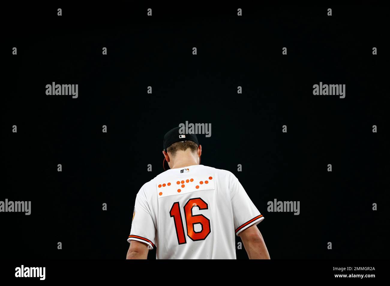 Baltimore Orioles first baseman Trey Mancini wears a jersey that features  Orioles in Braille during a baseball game against the Toronto Blue Jays,  Tuesday, Sept. 18, 2018, in Baltimore. (AP Photo/Patrick Semansky