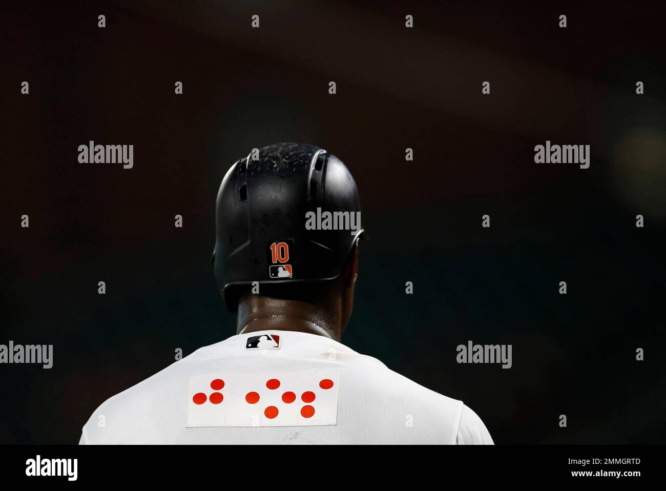 Baltimore Orioles first baseman Trey Mancini wears a jersey that features  Orioles in Braille during a baseball game against the Toronto Blue Jays,  Tuesday, Sept. 18, 2018, in Baltimore. (AP Photo/Patrick Semansky