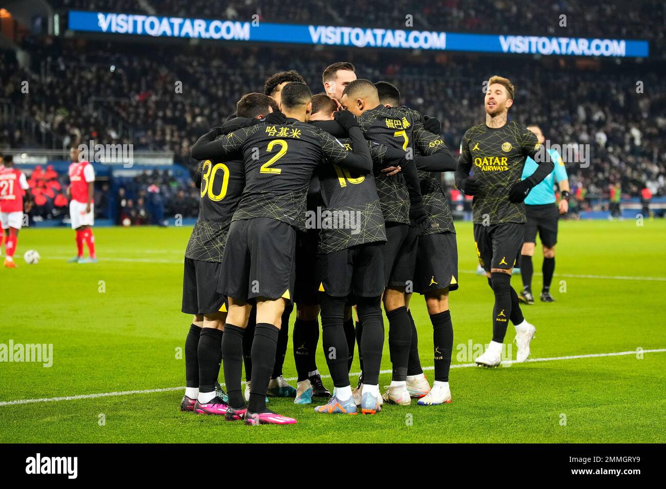 Paris, France. 29th Jan, 2023. Players of Paris Saint-Germain celebrate scoring during the French Ligue 1 football match between Paris Saint-Germain FC and Stade de Reims in Paris, France, Jan. 29, 2023. Credit: Glenn Gervot/Xinhua/Alamy Live News Stock Photo