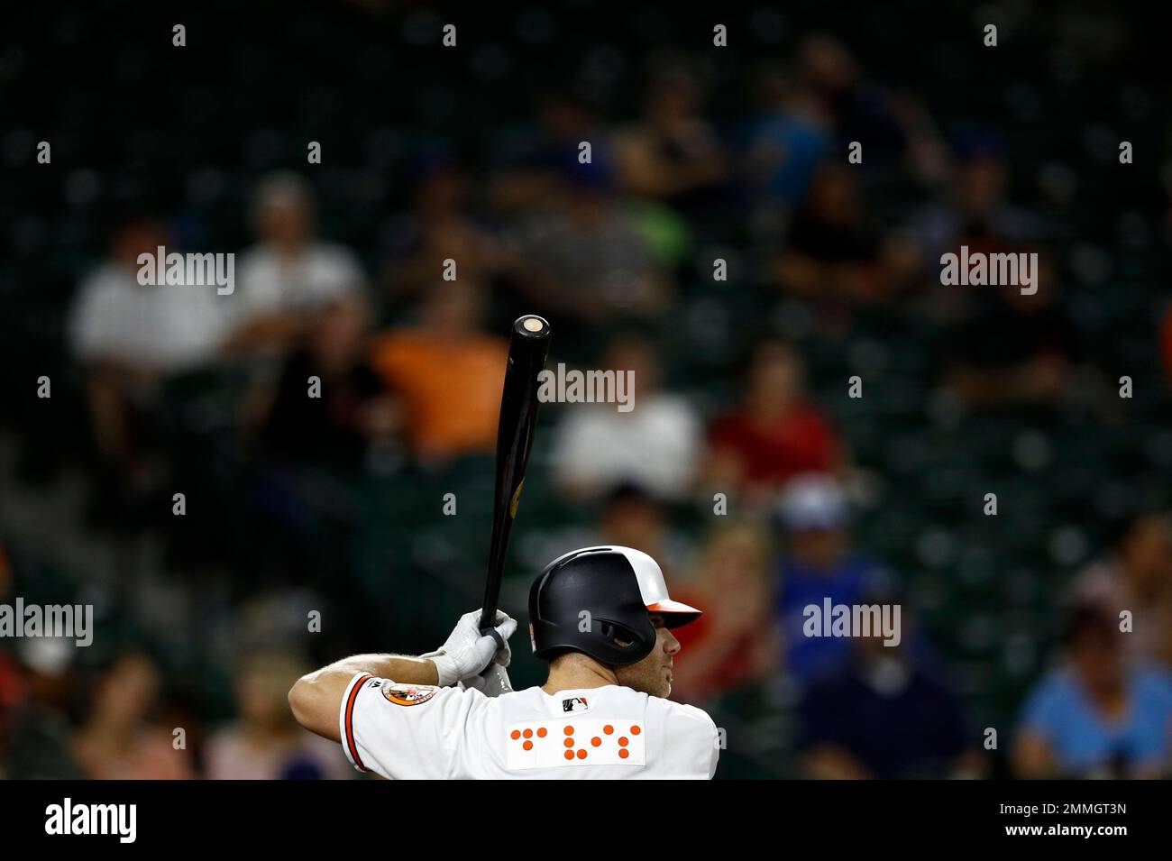 Baltimore Orioles first baseman Trey Mancini wears a jersey that features  Orioles in Braille during a baseball game against the Toronto Blue Jays,  Tuesday, Sept. 18, 2018, in Baltimore. (AP Photo/Patrick Semansky