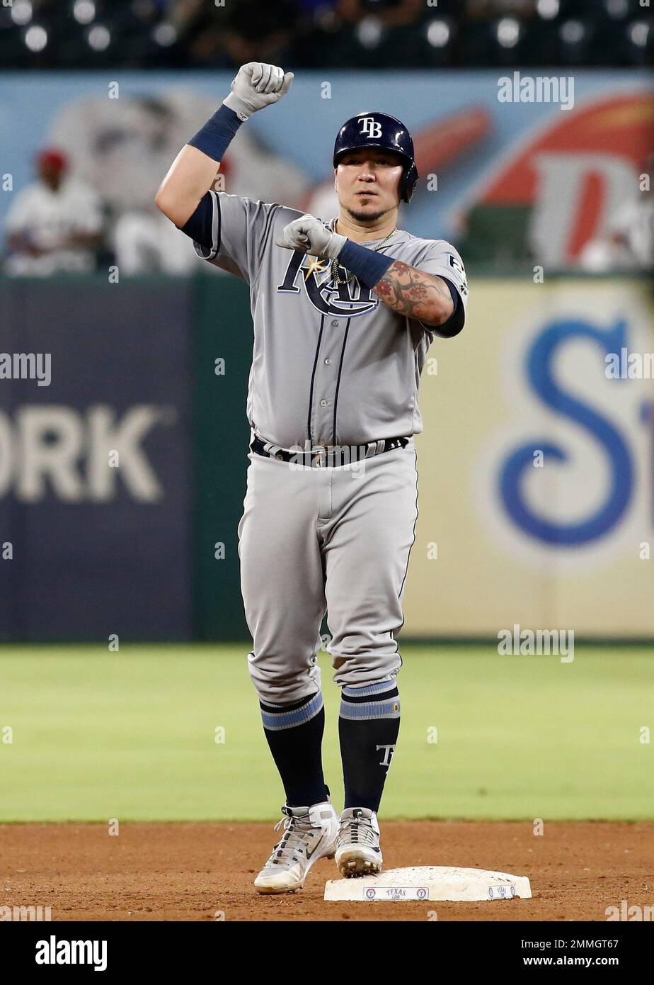 Tampa Bay Rays Jesus Sucre reacts after hitting a double against the