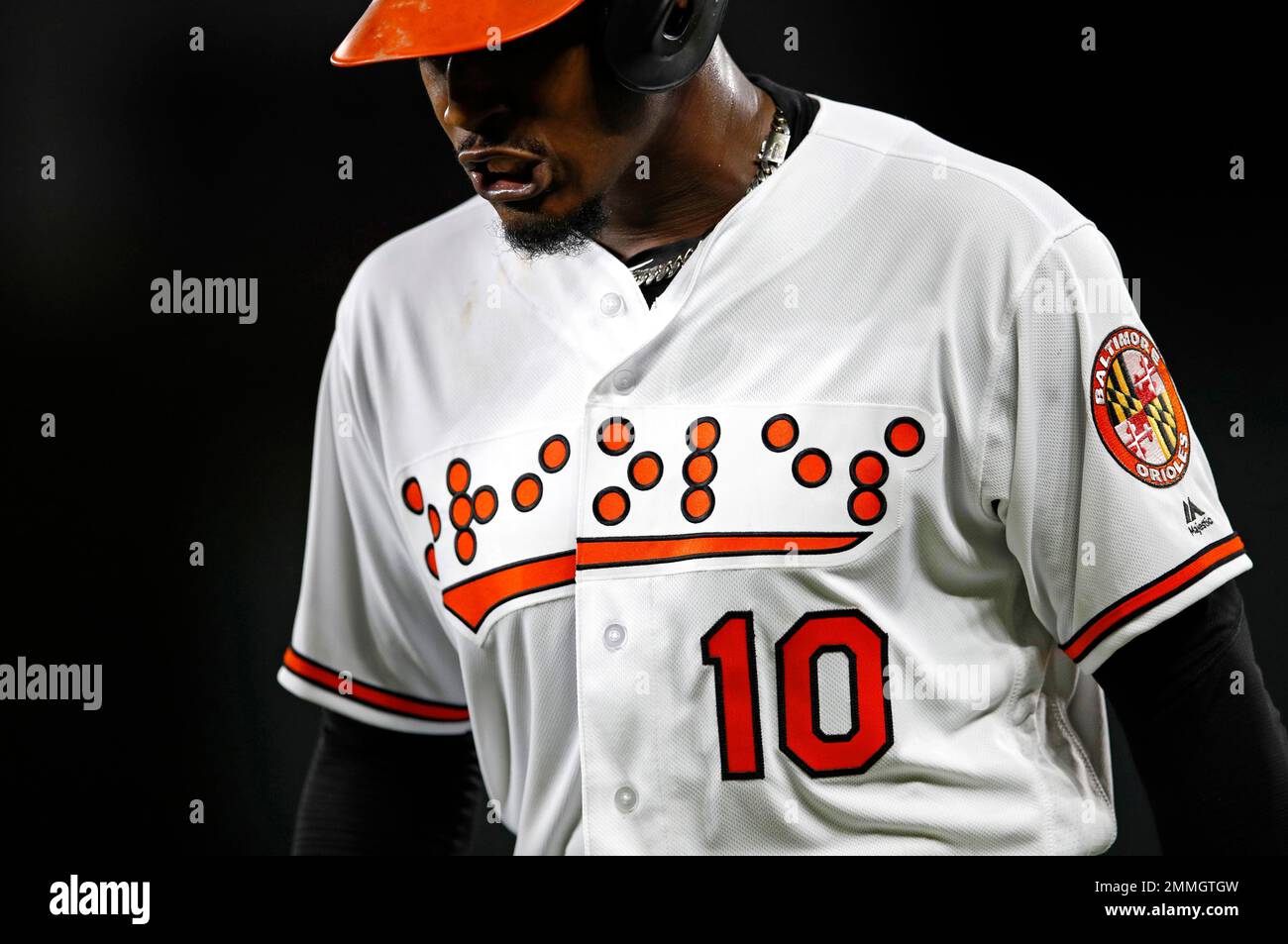 Baltimore Orioles' Adam Jones wears a jersey that reads Orioles