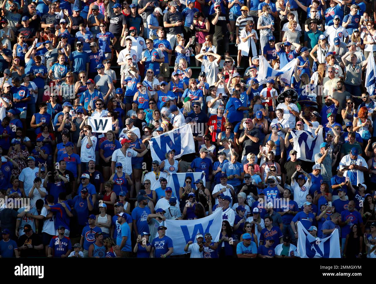 Chicago Cubs fans celebrate in the outfield bleachers after the final out against the Cincinnati