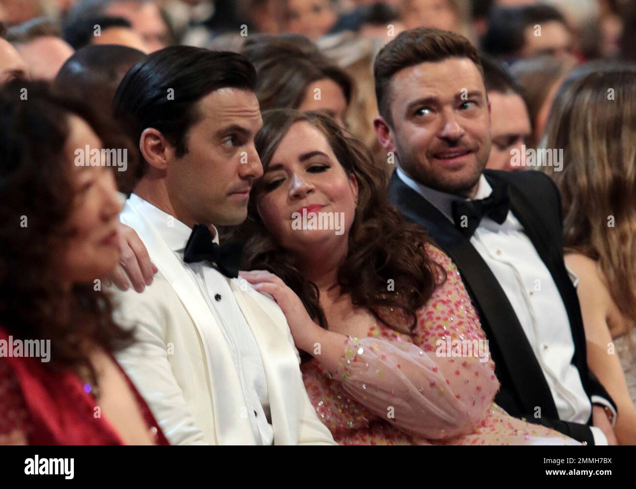 Milo Ventimiglia, from left, Aidy Bryant, and Justin Timberlake at the