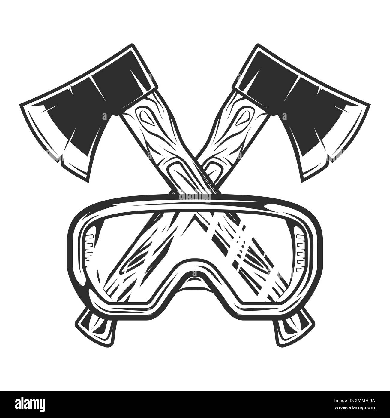 Wooden axe construction builder tool. Crossed metal ax with handle made