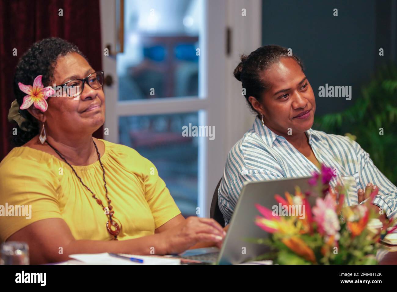 From left, Adi Vasulevu Levu, Executive Director of Transcend Oceania, and Republic of Fiji Military Forces Cpt. Ana Vuniwaqa attend a Coordinating Committee meeting for Fiji’s first Women, Peace and Security National Action Plan Orientation Workshop in Suva, Fiji, Sept. 19, 2022. Facilitated by U.S. Indo-Pacific Command, the Coordinating Committee consists of Fijian government and civil society organization representatives who oversee the development of a Fiji WPS National Action Plan guided by UN Security Council Resolution (UNSCR) 1325 principles and gender perspective. Stock Photo