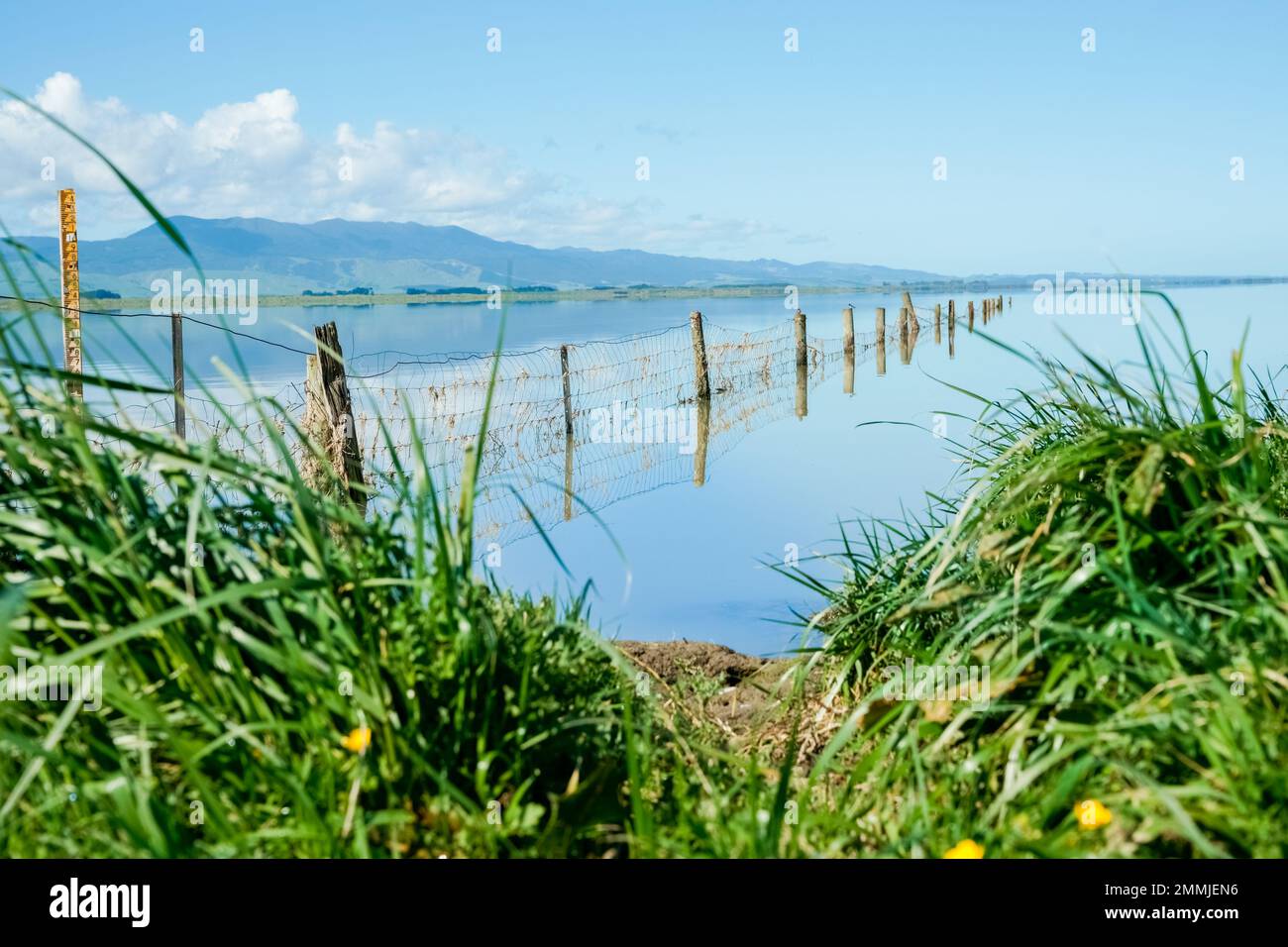 Fence leading into calm blue water of Lake Wairarapa with distant hills across other side in New Zealand North Island. Stock Photo