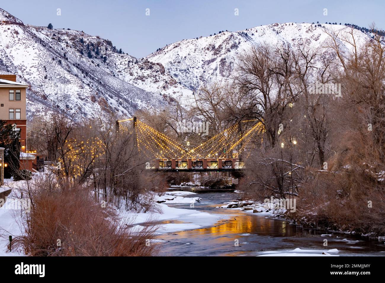 Washington Avenue Bridge over Clear Creek in winter - Golden, Colorado, USA. Stock Photo