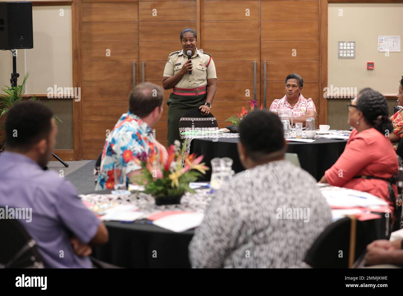 Republic of Fiji Military Forces Cpt. Ana Vuniwaqa addresses Fijian government and civil society organization stakeholders at the Fiji Women, Peace and Security National Action Plan Orientation Workshop in Suva, Fiji, Sept. 20, 2022. Facilitated by U.S. Indo-Pacific Command, the workshop consisted of Fijian government and civil society organization representatives who lead the development of a Fiji WPS National Action Plan guided by UN Security Council Resolution (UNSCR) 1325 principles and gender perspective. Stock Photo