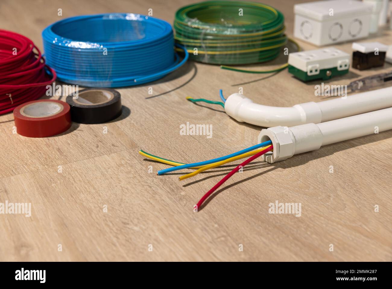 Electrician repair wire in PVC Conduit , renovate home Stock Photo Alamy