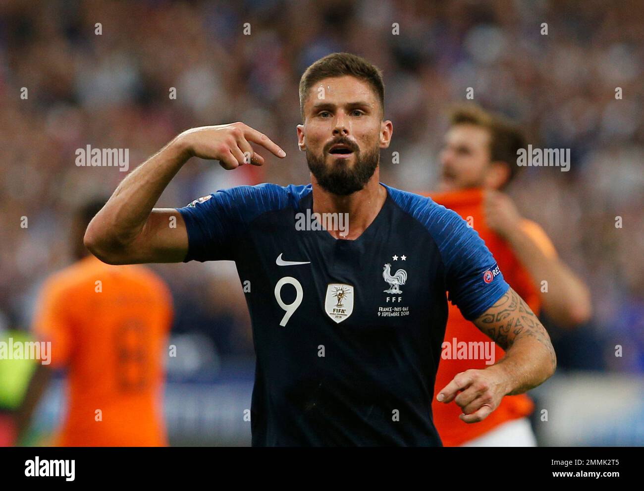 Olivier Giroud of France.left, celebrates with teammates after scoring his  sides 2nd goal during the UEFA Nations League soccer match between France  and the Netherlands at the Stade De France in Paris,