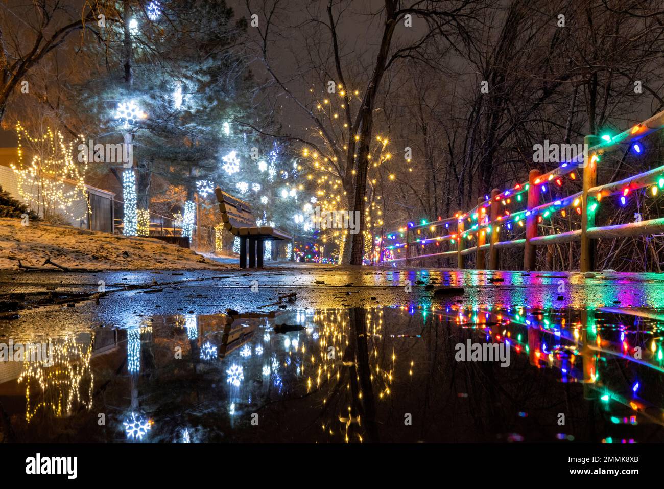 Christmas Lights along Clear Creek Trail in Golden, Colorado, USA Stock Photo