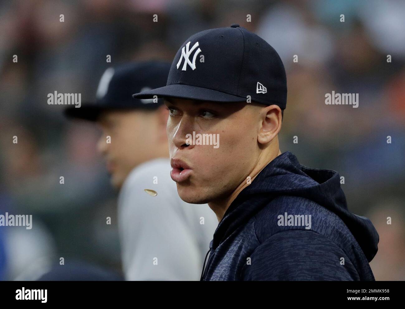 Injured New York Yankees outfielder Aaron Judge spits a seed as he watches  from the dugout during the fourth inning of a baseball game against the  Seattle Mariners, Saturday, Sept. 8, 2018
