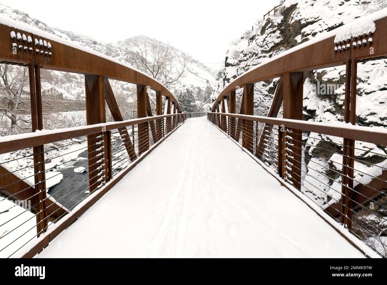 Tough Cuss Bridge in winter on Peaks to Plains Trail in Clear Creek Canyon - near Golden, Colorado, USA Stock Photo